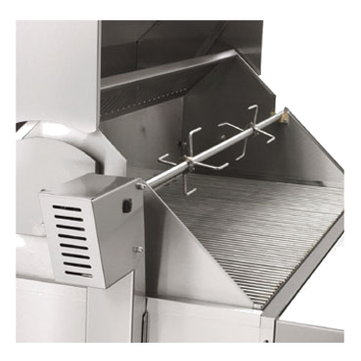 Rotisserie spit rod with forks installed on a Crown Verity grill