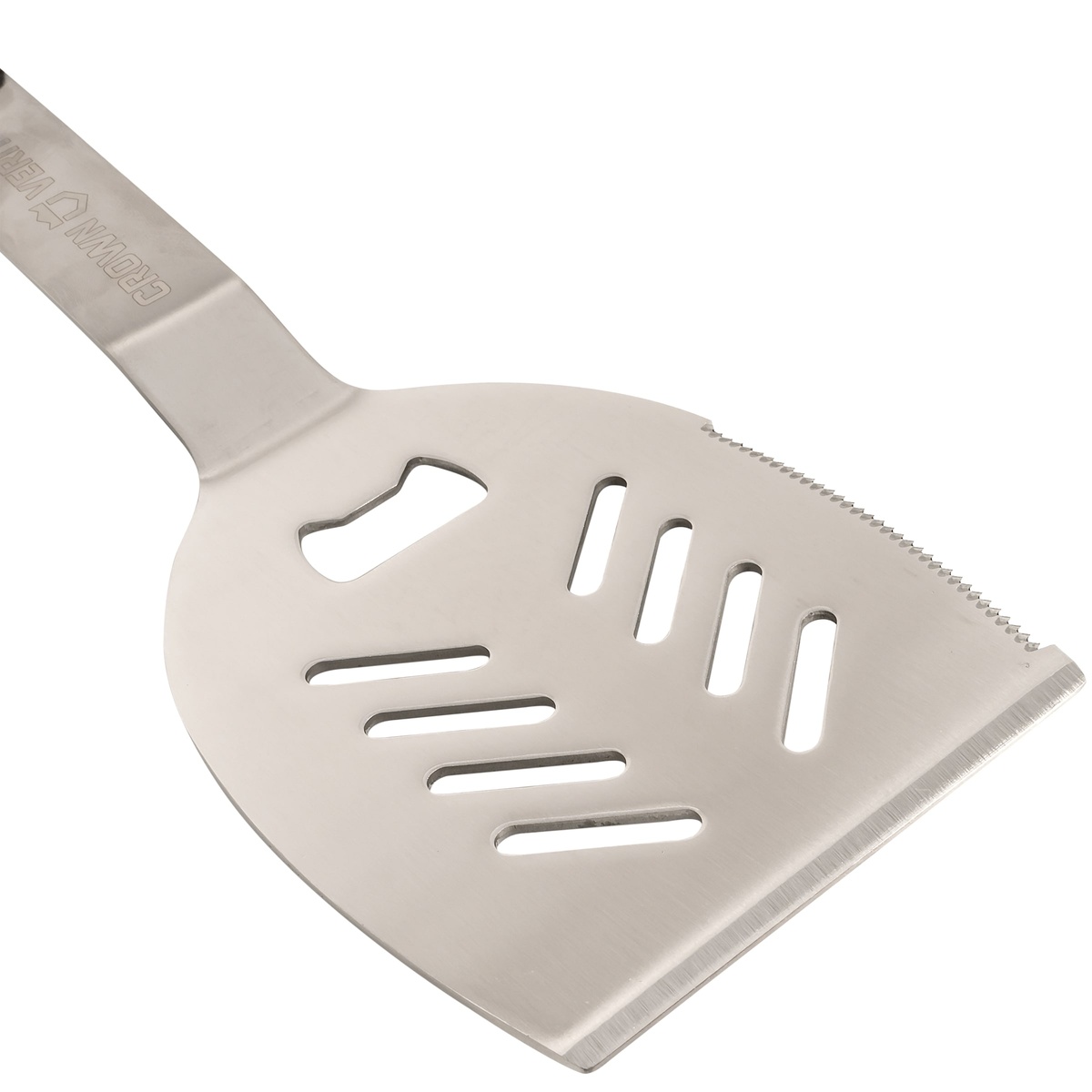Close-up of spatula head showing serrated edge, slots, and bottle opener cutout
