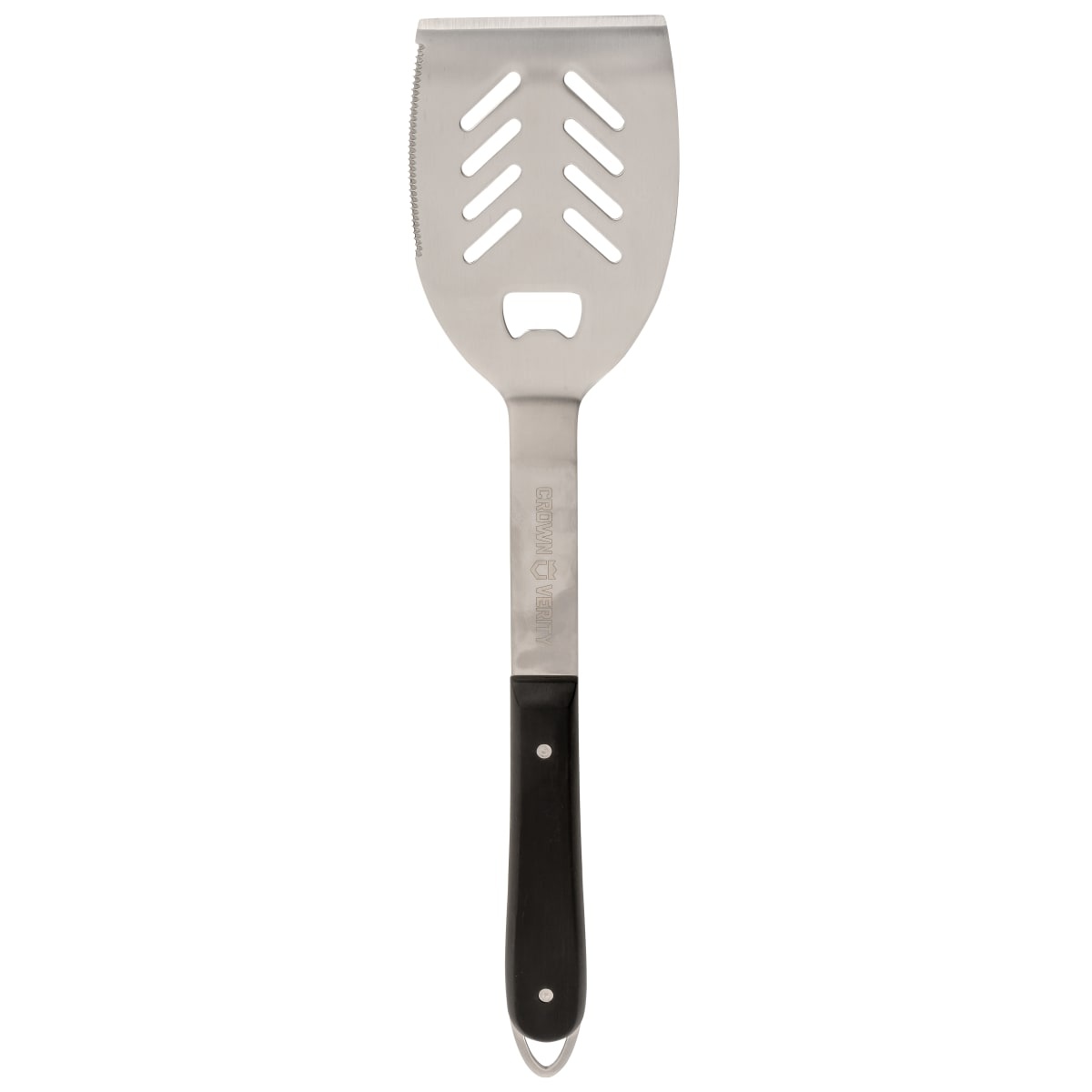 Crown Verity BBQ spatula with black handle and slotted stainless steel head