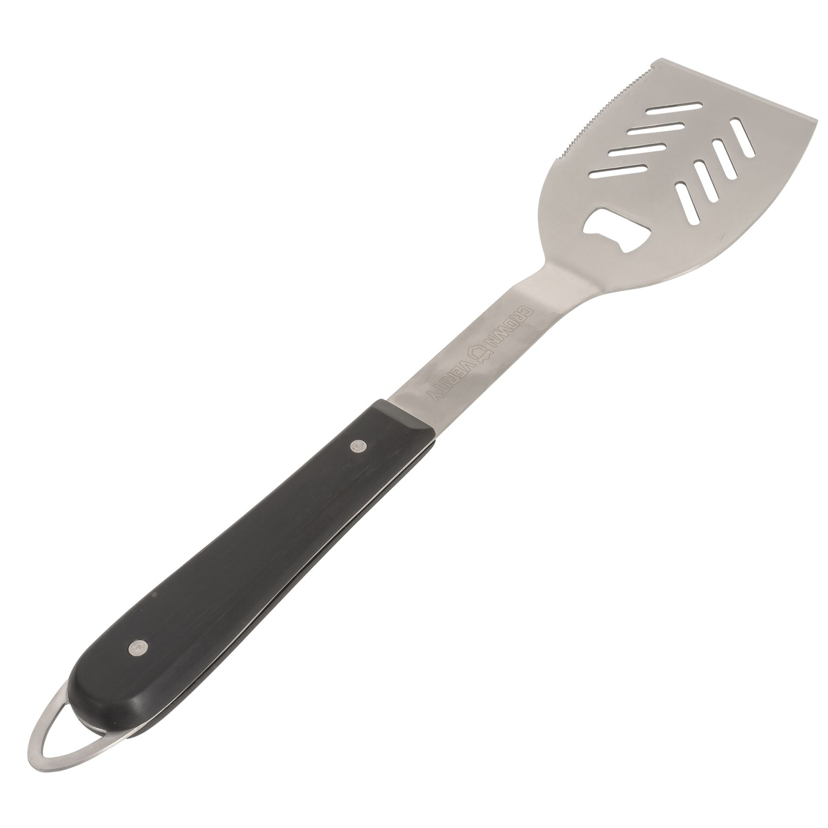 Angled view of Crown Verity spatula showing black handle with rivets and hanging loop