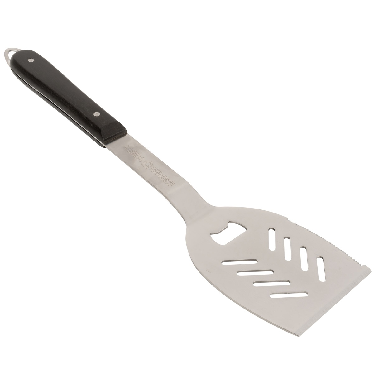 Crown Verity spatula showing full stainless steel blade, slots, serrated edge, and bottle opener cutout