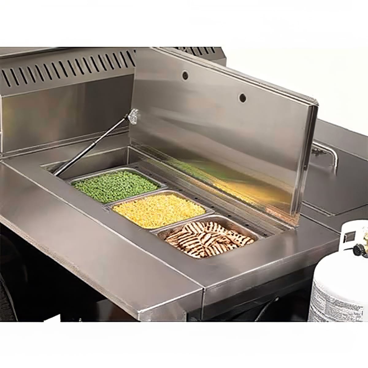 Crown Verity TG-1 steam pan kit installed in grill holding cabinet with three steam pans
