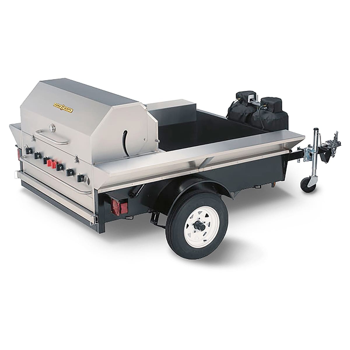 Crown Verity CV-TG-2 towable stainless steel propane grill with open-bed trailer