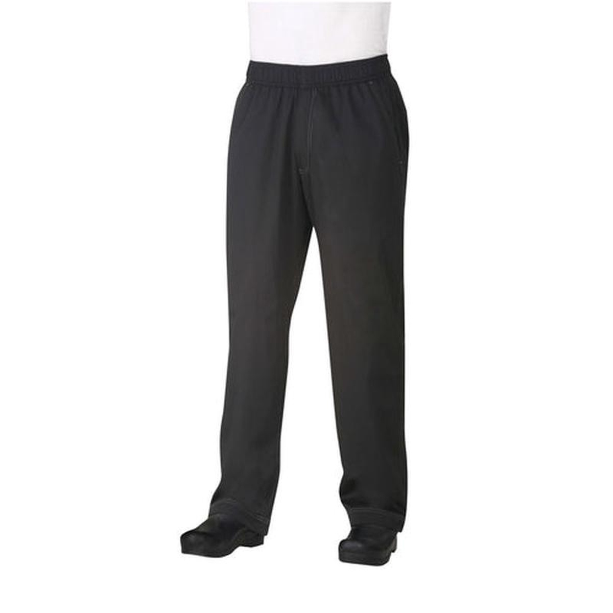 Chef Works men's black baggy chef pants with elastic waistband, front view on model