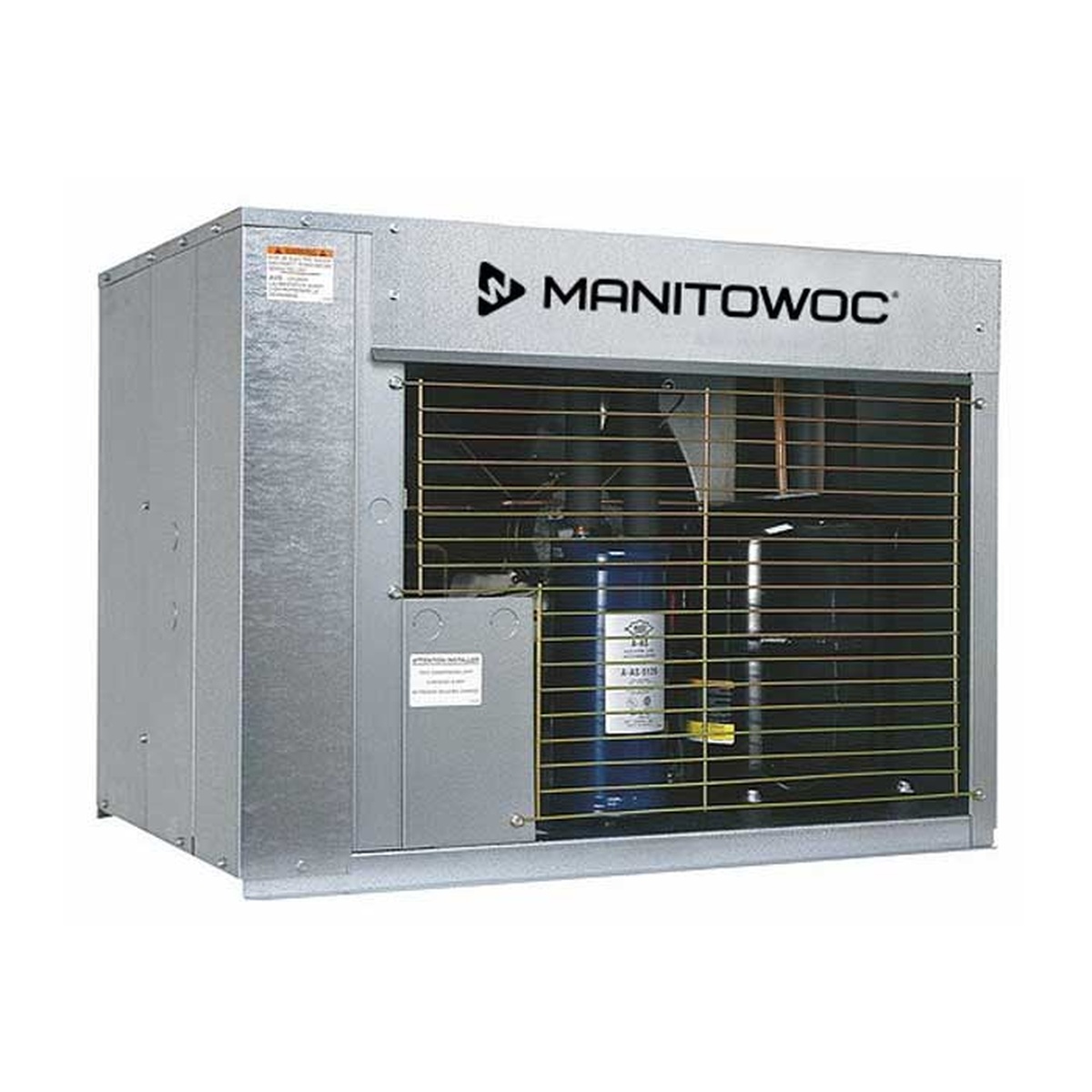 Manitowoc CVDF0600 remote condensing unit front angled view showing fan grille and compressor