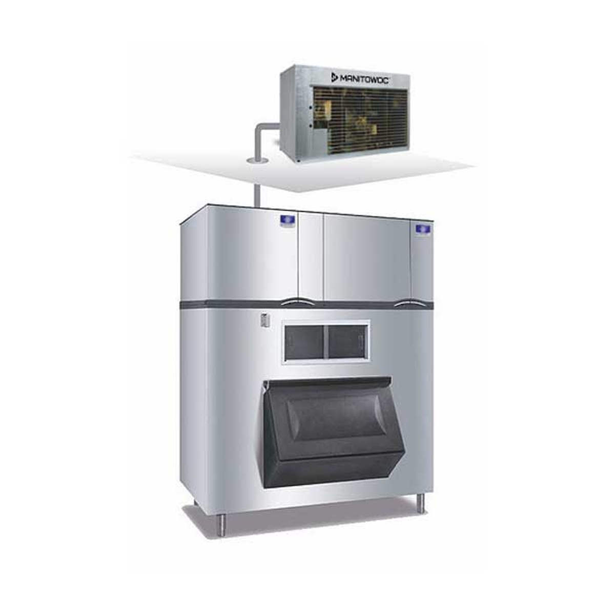 Diagram showing Manitowoc CVDF0600 remote condensing unit mounted above and connected to QuietQube ice machine and bin