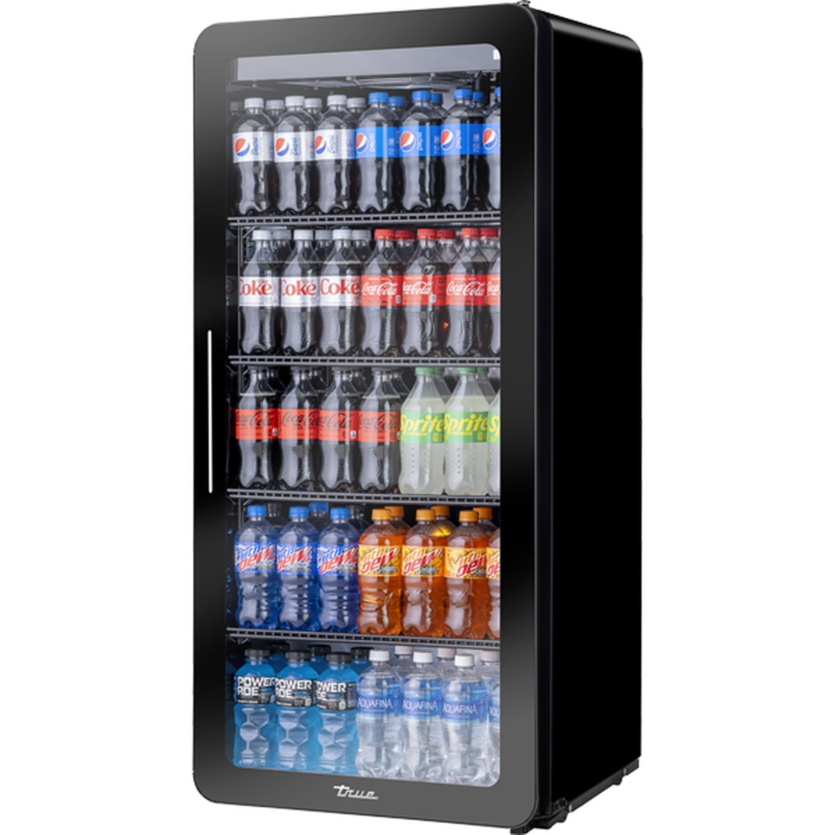 True CVM-11-HC~EGC01 single-section black glass door refrigerated merchandiser stocked with beverages