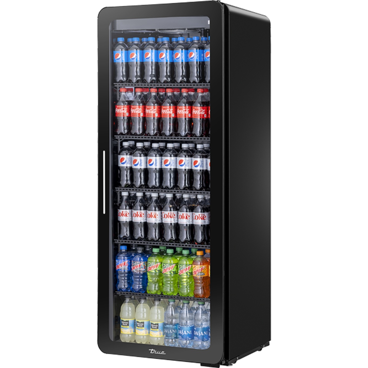 True CVM-13-HC~EGC01 black refrigerated merchandiser with curved glass door loaded with bottled beverages across five shelves