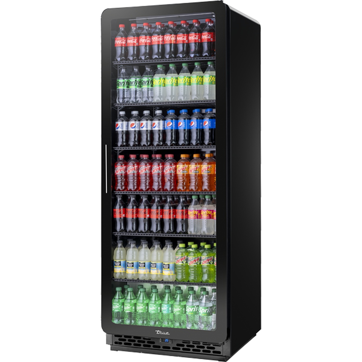 True CVM-27-HC~EGC01 black refrigerated merchandiser with curved-edge glass door stocked with bottled beverages across six shelves