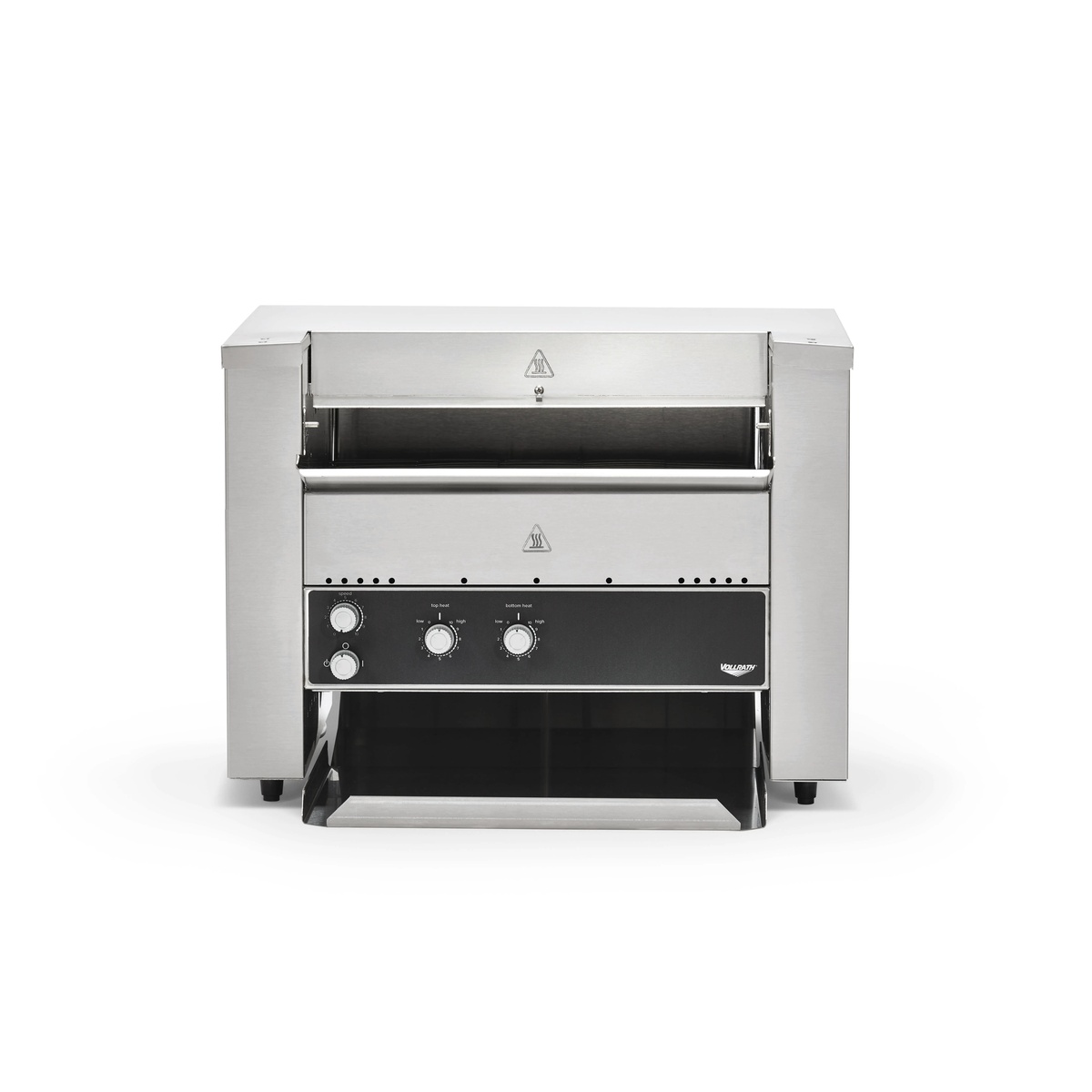 Front view of Vollrath JT3HC CVT4-208900 conveyor toaster showing adjustable opening and manual control knobs