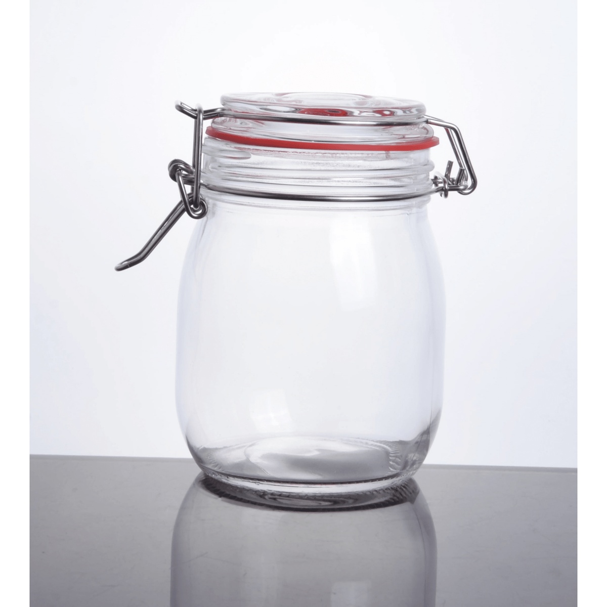 Enhanced CW-10800F 28 oz clear glass storage jar with wire bail latch and red rubber gasket seal, upright view