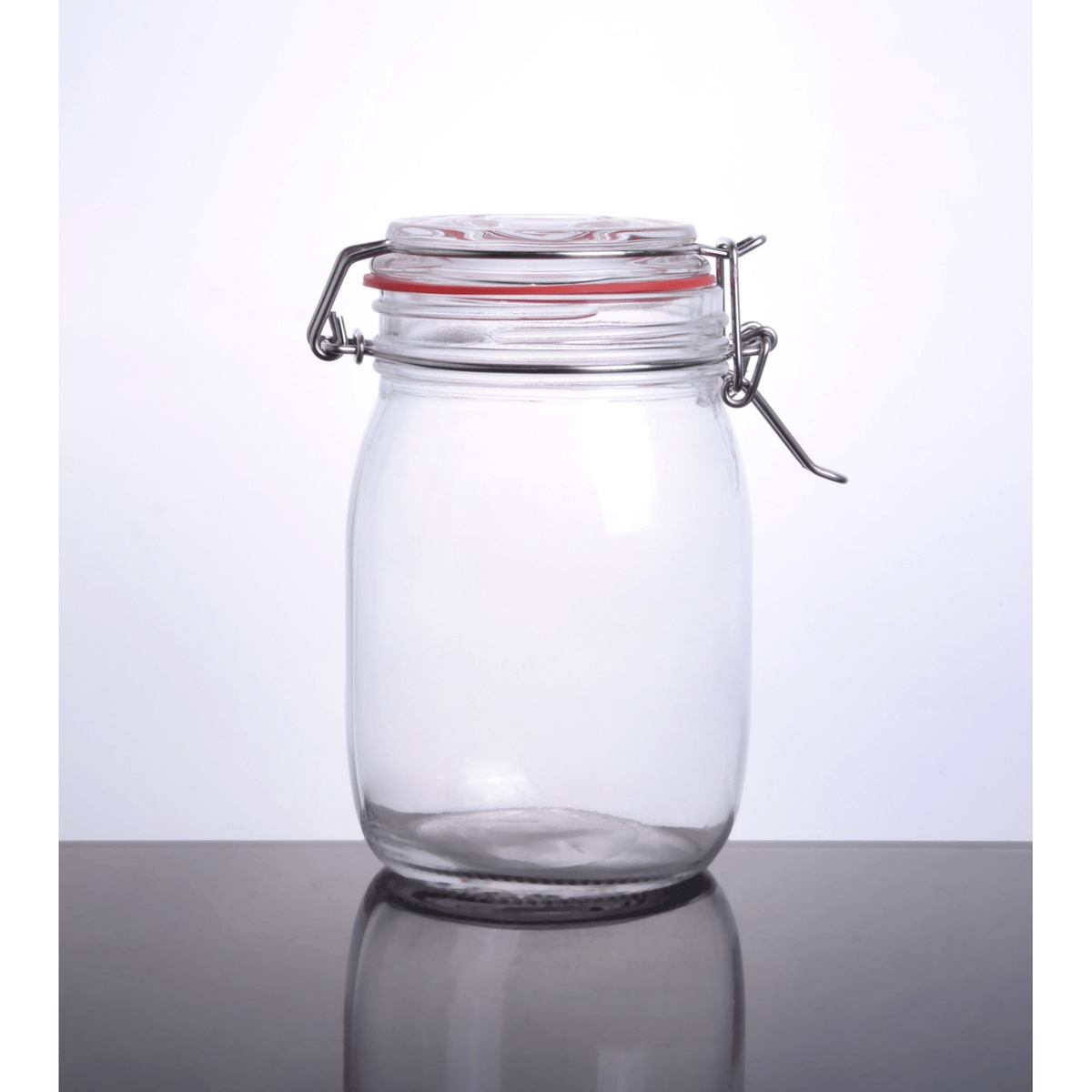 Enhanced CW-11200F clear glass storage jar upright with wire bail lock-seal lid and red rubber gasket