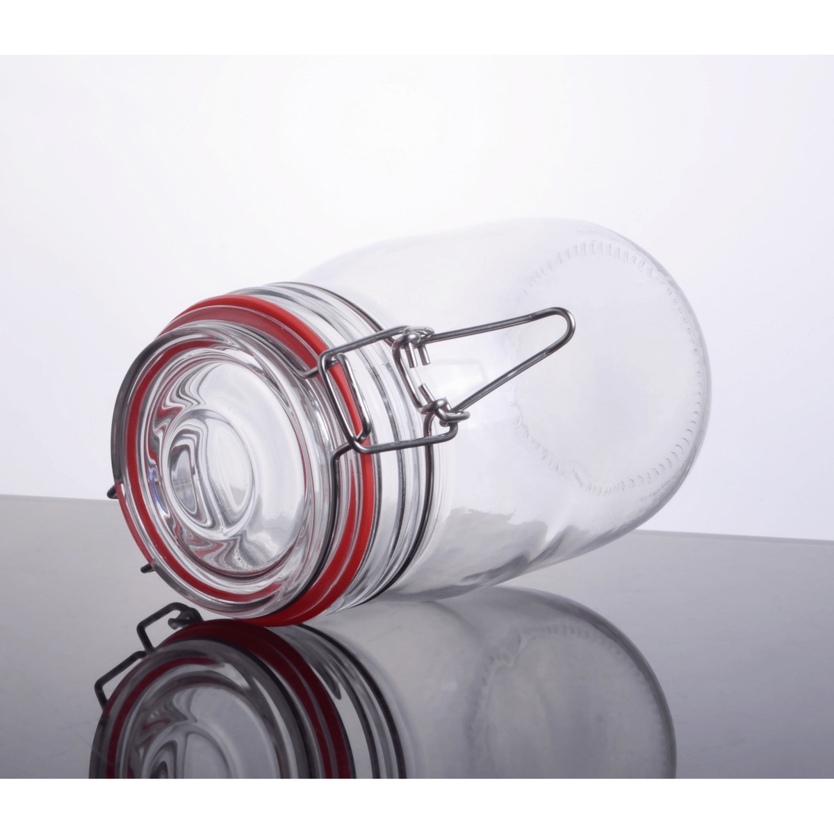 Enhanced CW-11200F glass storage jar on its side highlighting the glass lid, red rubber gasket, and metal wire bail closure