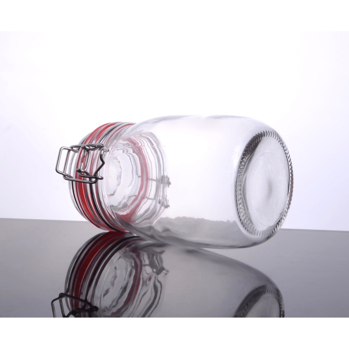 Enhanced CW-11200F glass storage jar on its side showing the open bottom and ridged base with lock-seal lid visible