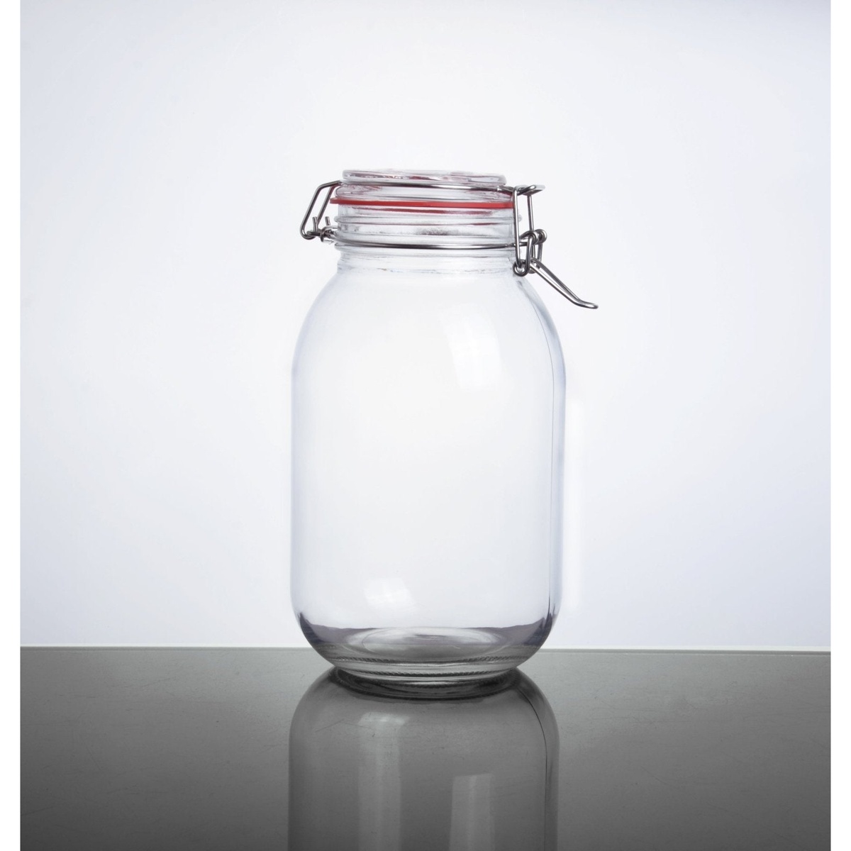 Enhanced CW-12500F 88 oz clear glass storage jar with wire bail lock n seal lid and red rubber gasket, full product view