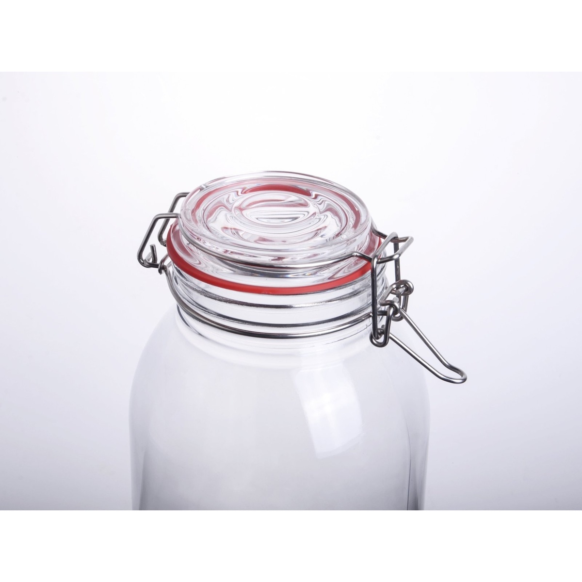 Close-up of the glass lid, red rubber gasket seal ring, and wire bail closure mechanism on the Enhanced CW-12500F storage jar
