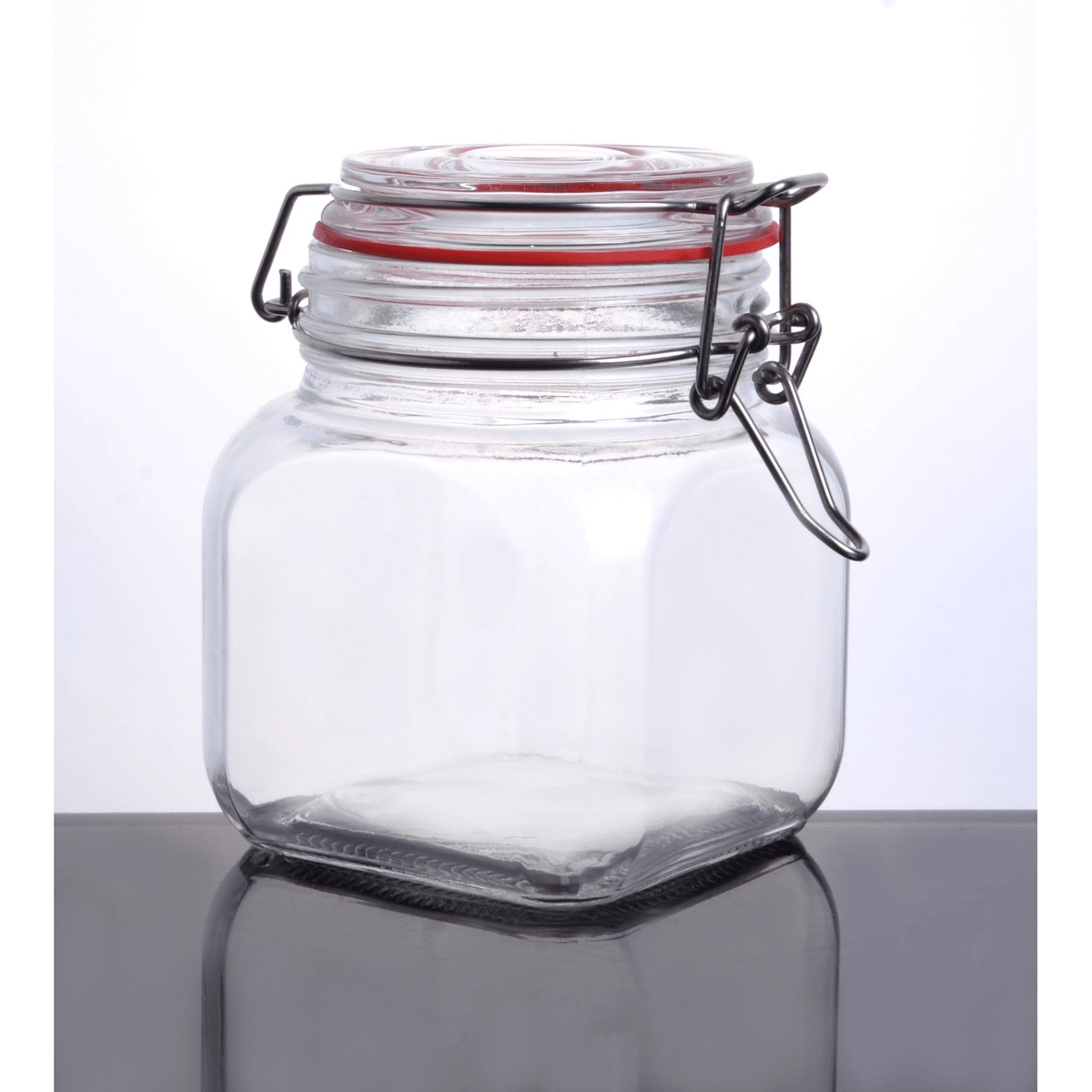 30 oz clear glass storage jar with wire bail lock-seal closure and red rubber gasket, upright view