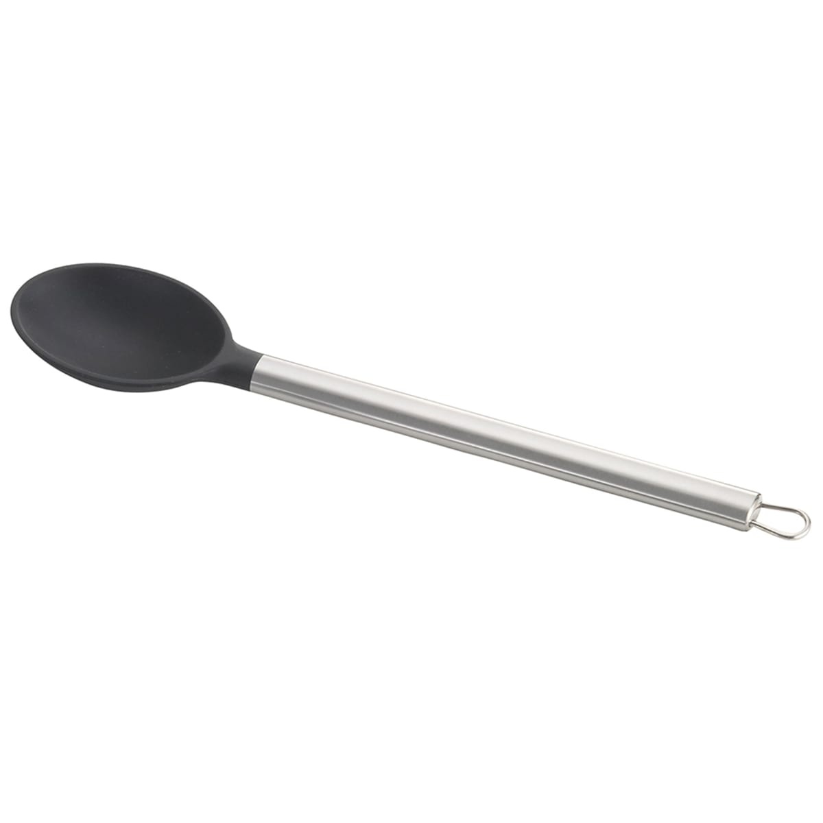 TableCraft CW400 13-inch solid silicone serving spoon with black head and silver stainless steel handle on white background