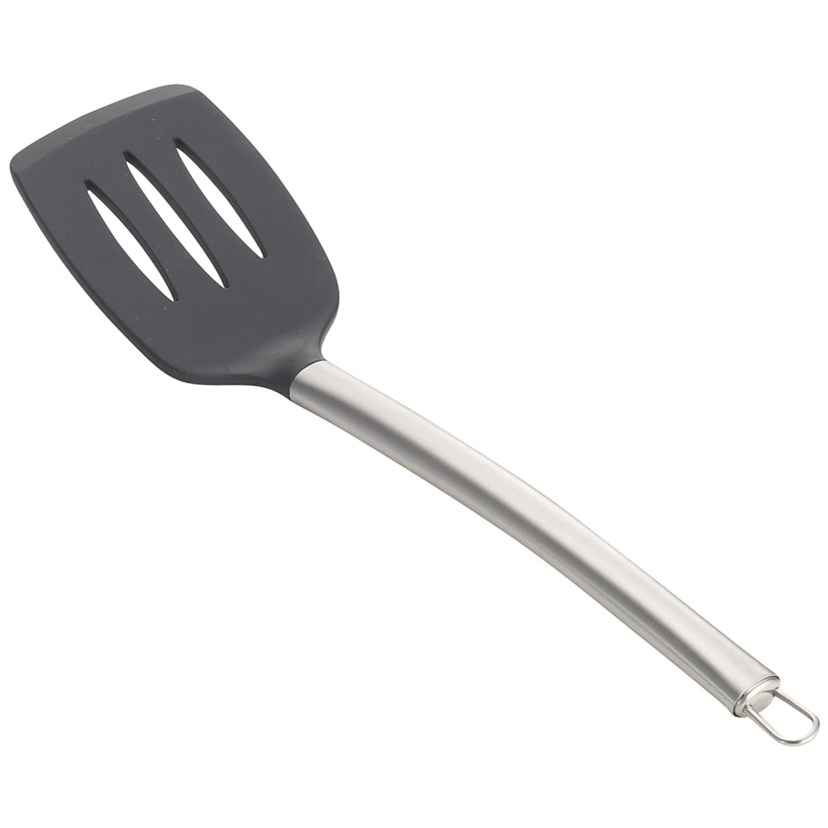 Tablecraft CW402 14-inch slotted serving spatula with black silicone head and stainless steel handle