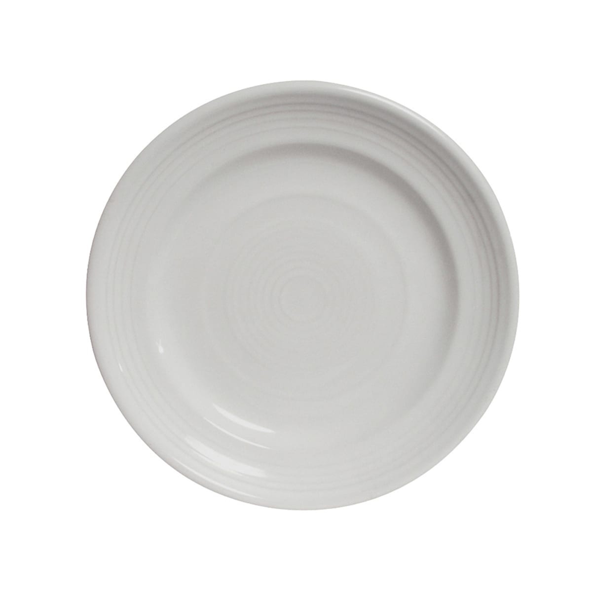 Tuxton CWA-120 12-inch round white ceramic plate with wide rim and concentric ring detail, top-down view