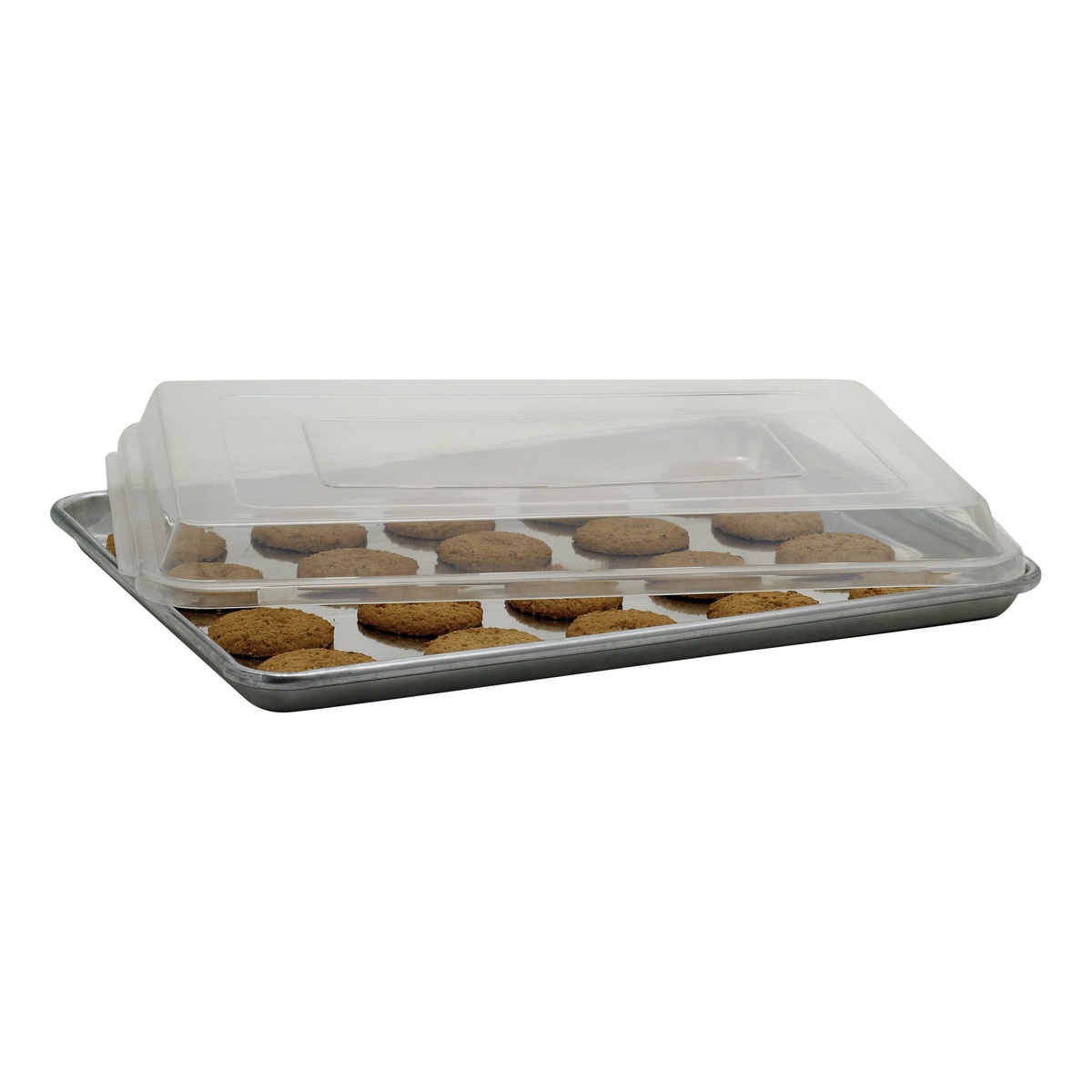 Winco CXP-1318 clear cover on a half-size sheet pan filled with baked cookies, showing transparent visibility