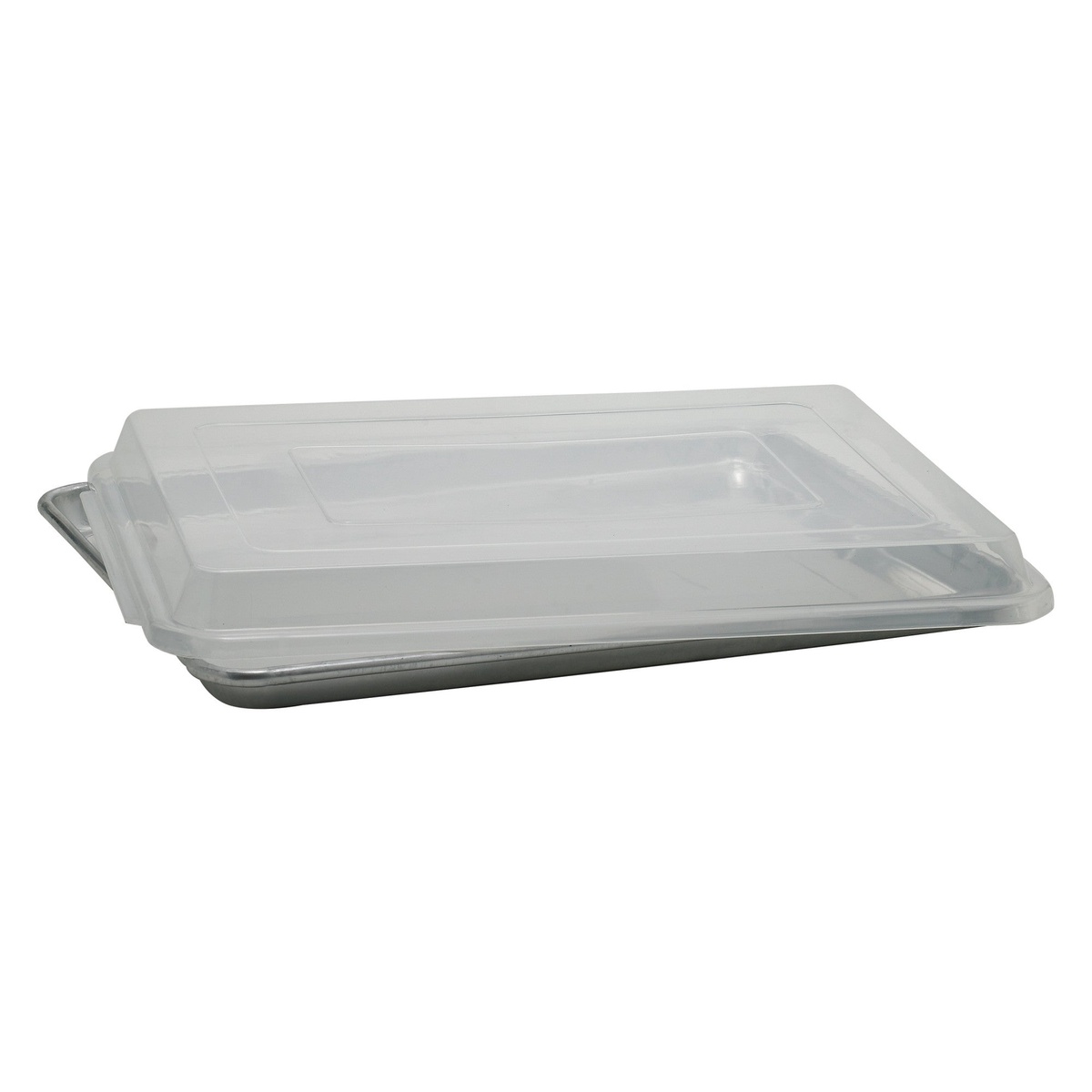 Winco CXP-1318 clear snap-on cover fitted onto a half-size aluminum sheet pan