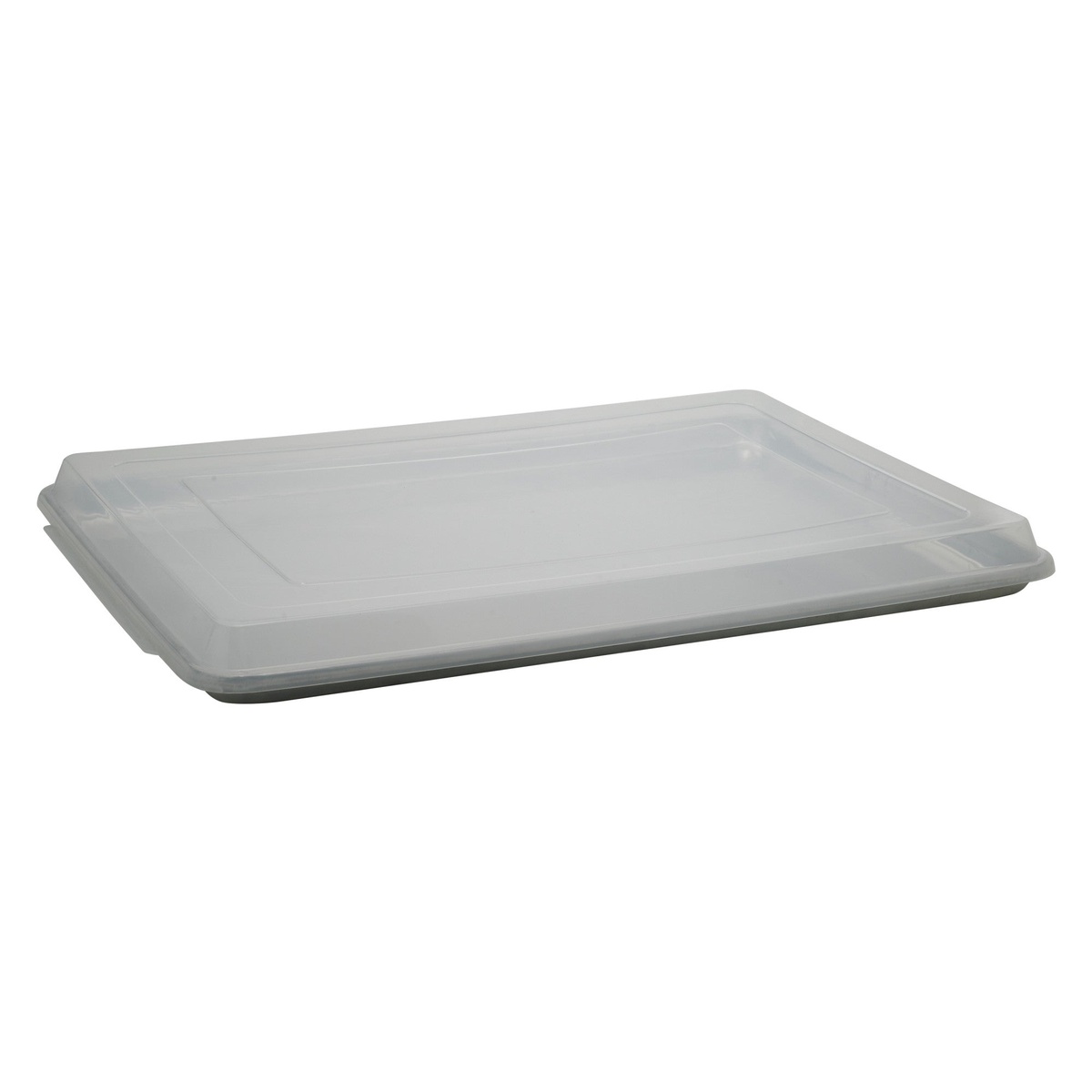 Winco CXP-1826 clear polypropylene sheet pan cover snapped onto a full-size sheet pan