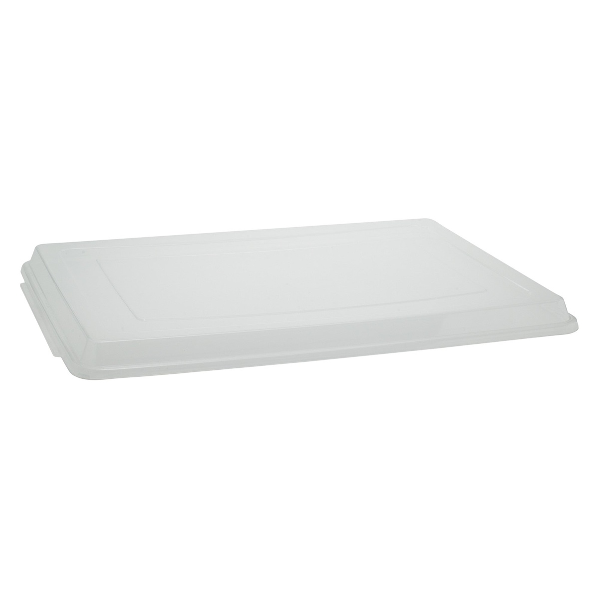 Winco CXP-1826 full-size clear polypropylene sheet pan cover, angled view on white background