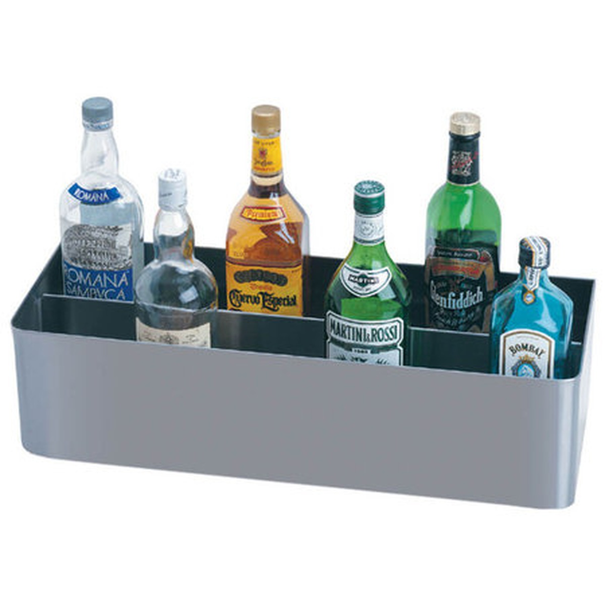 Krowne D-36 36-inch double tier stainless steel speed rail shown with assorted liquor bottles organized across both tiers