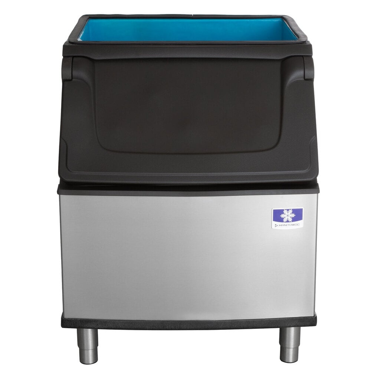 Manitowoc D400 ice storage bin front view showing insulated angled door with side grips and silver lower cabinet
