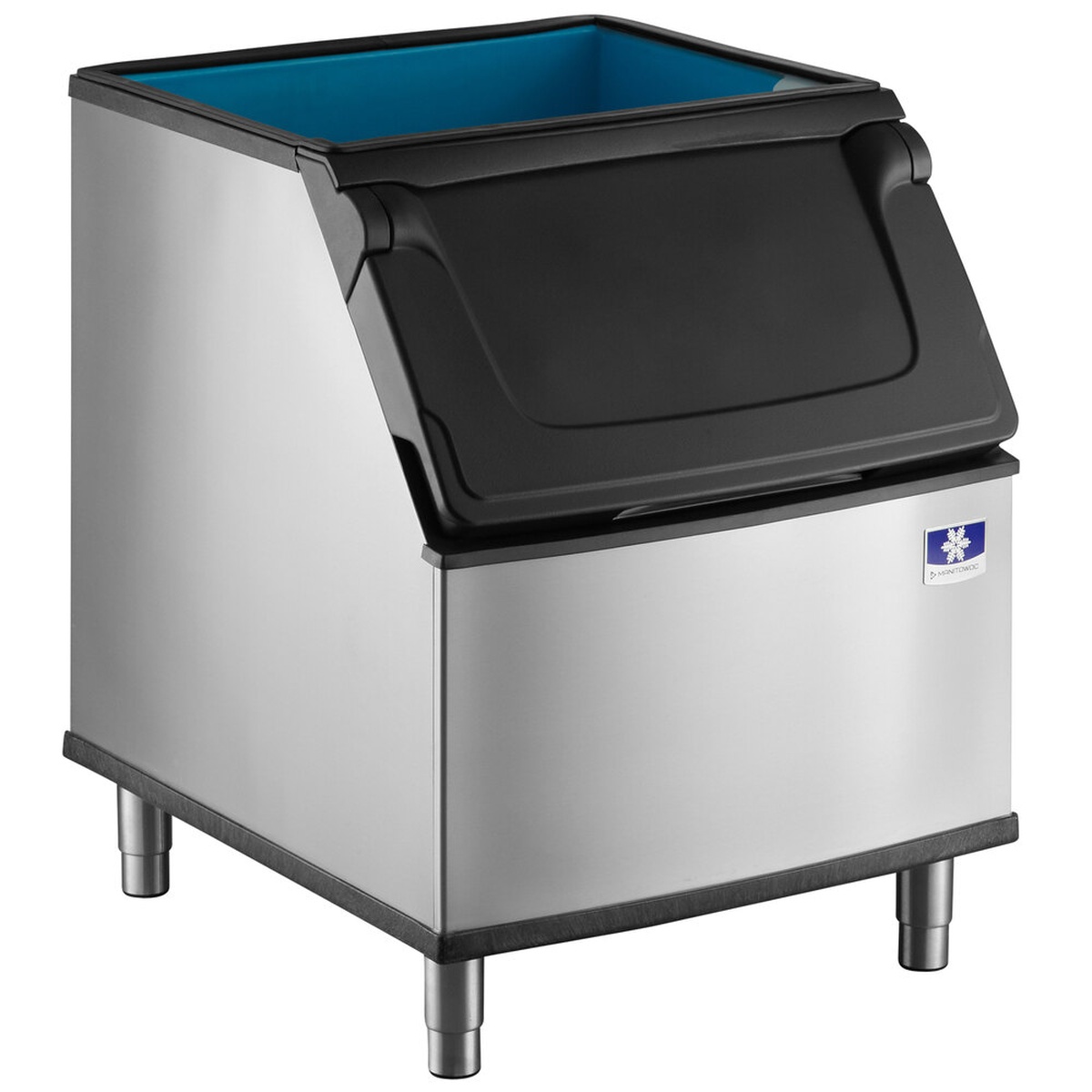 Manitowoc D400 ice storage bin angled view showing DuraTech silver exterior, open angled door, and blue polyurethane interior liner