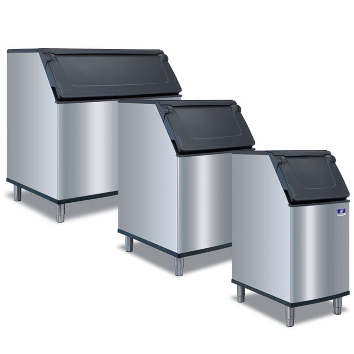 Manitowoc D-Series ice storage bins in three sizes showing angled insulated doors and DuraTech metal exterior