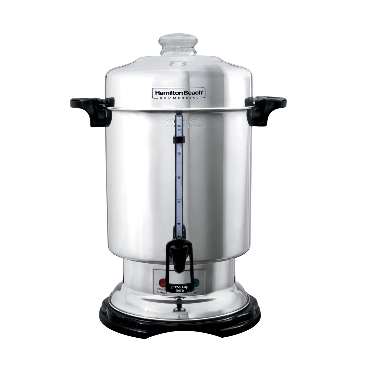 Hamilton Beach Commercial D50065 60-cup polished stainless steel coffee urn with cup-level indicator window and one-hand dispensing valve