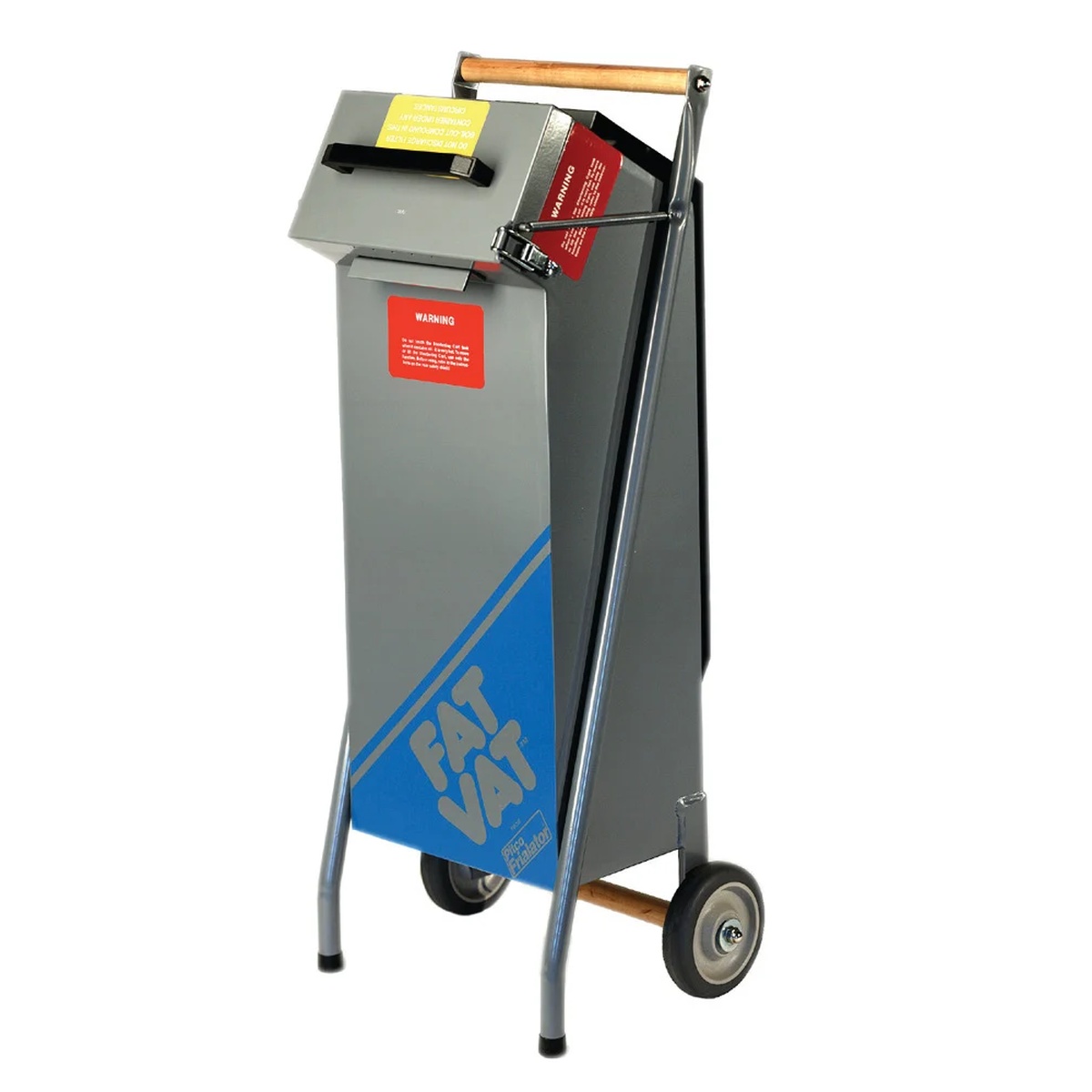 Pitco Fat Vat waste oil transport container with rolling frame, spring-loaded cover, and built-in front legs