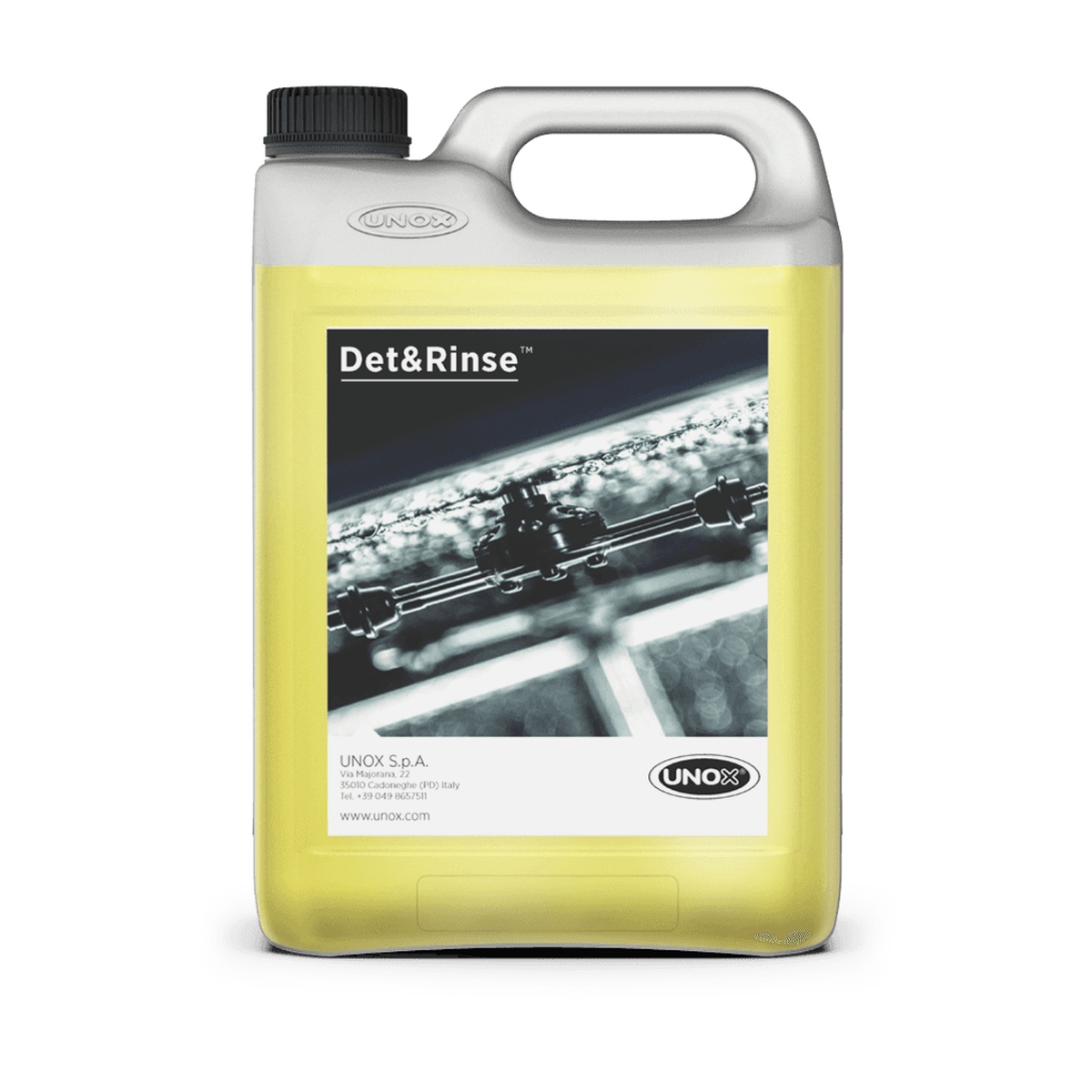 UNOX Det&Rinse Plus double-concentrate detergent in a yellow 1-liter plastic jug with black cap