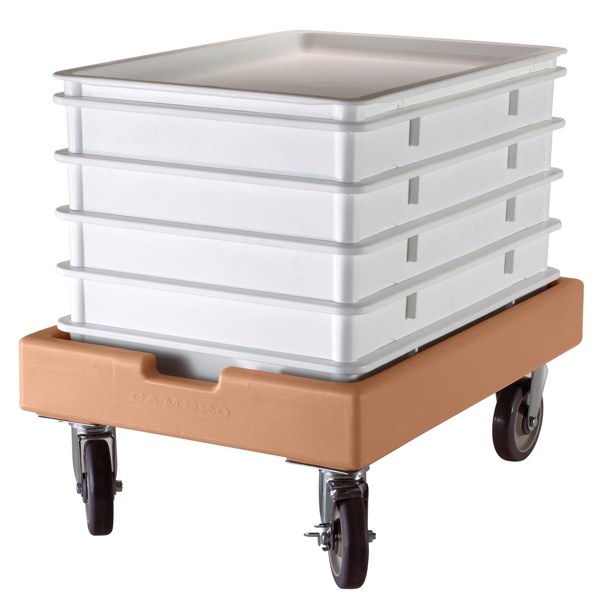 Multiple Cambro white pizza dough boxes stacked on a Cambro Camdolly with casters for transport