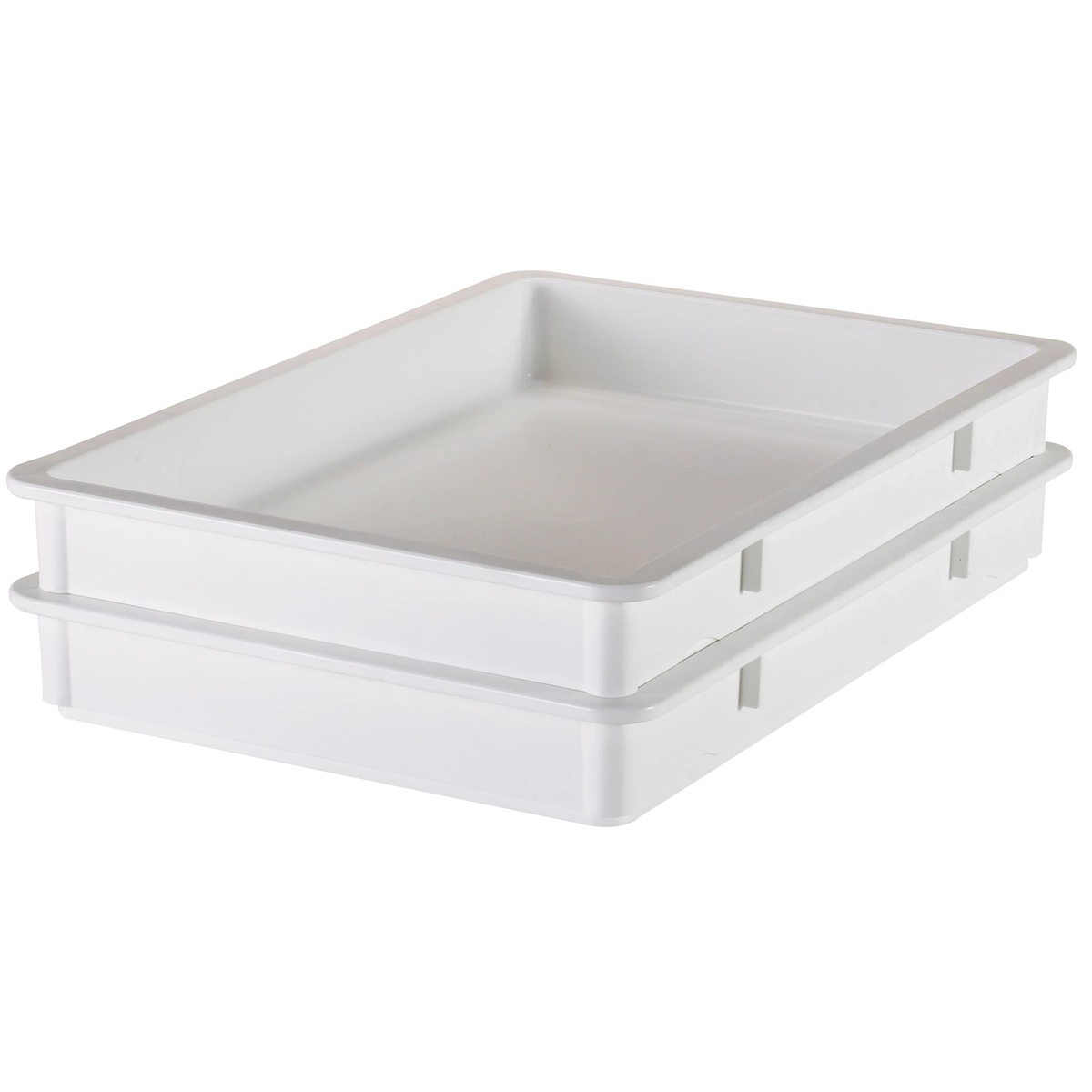 Two Cambro white pizza dough boxes stacked on a white background showing nesting design