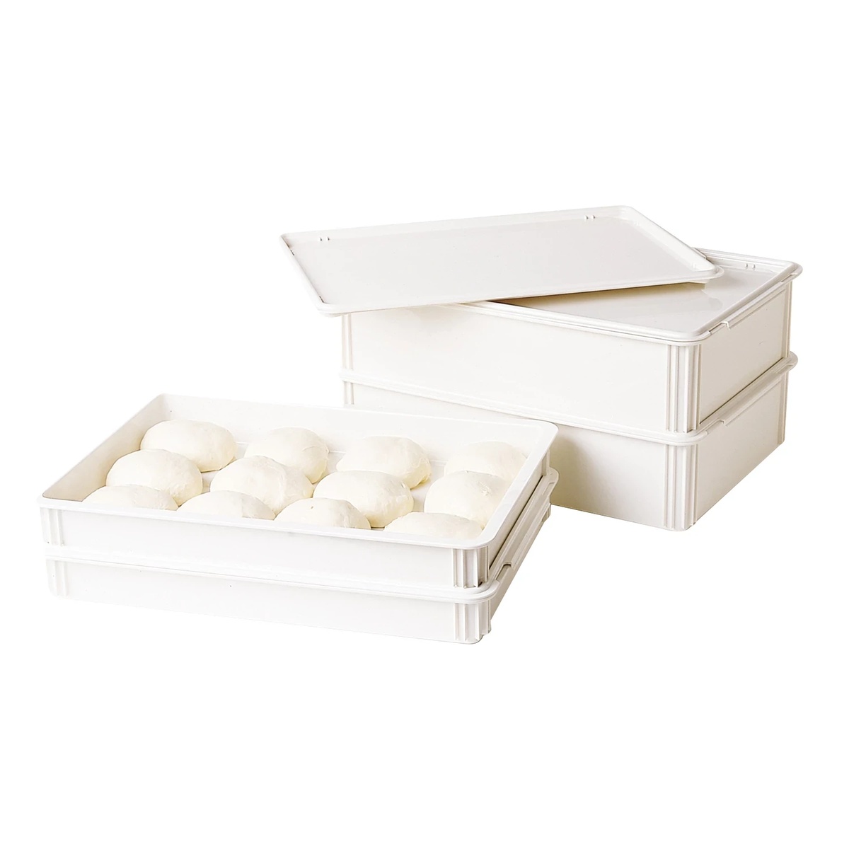 Multiple Cambro white dough proofing boxes stacked and filled with proofed dough balls, one box shown open with a flat lid partially removed