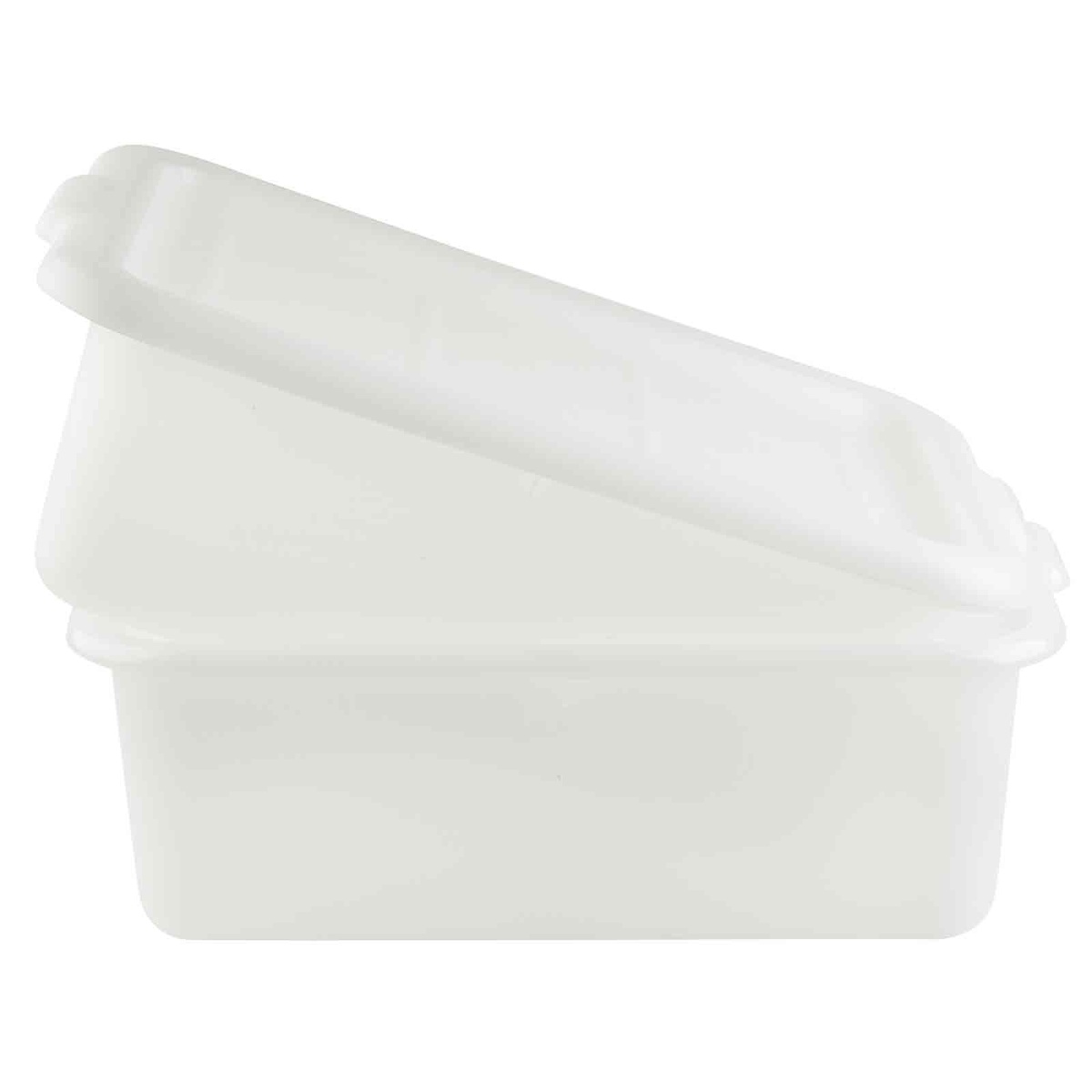 Side view of white freezer box with cover partially lifted