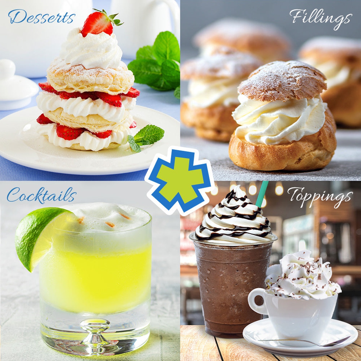 Infographic showing various uses including desserts, fillings, cocktails, and toppings