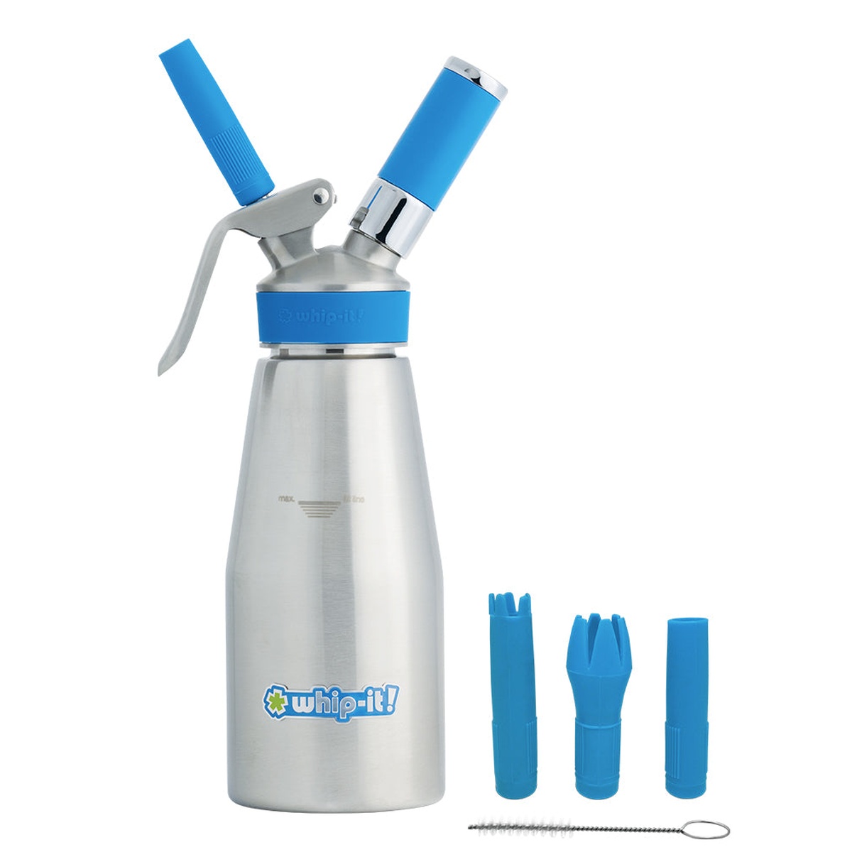 Whip-It Specialist dispenser with three decorating tips and cleaning brush