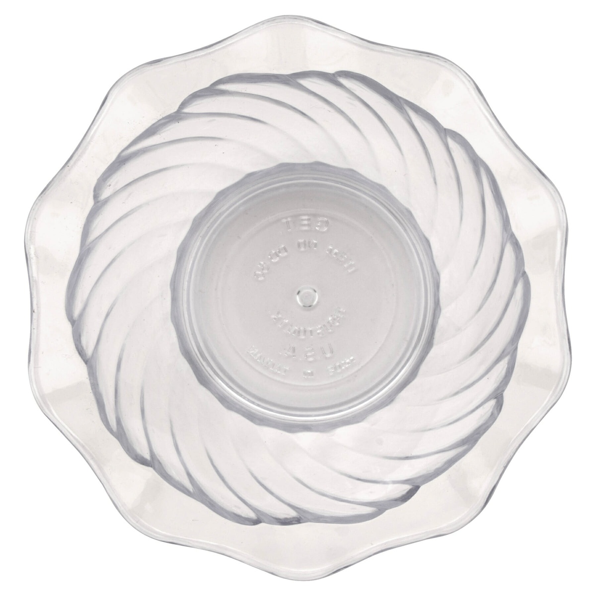 G.E.T. DD-50-CL clear dessert dish, top-down view showing swirl pattern and scalloped edge detail