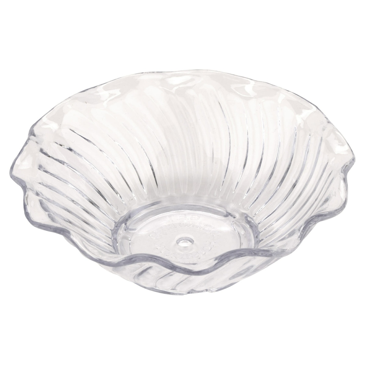 G.E.T. Enterprises DD-60-CL clear tulip dessert dish angled view showing scalloped rim and swirl pattern