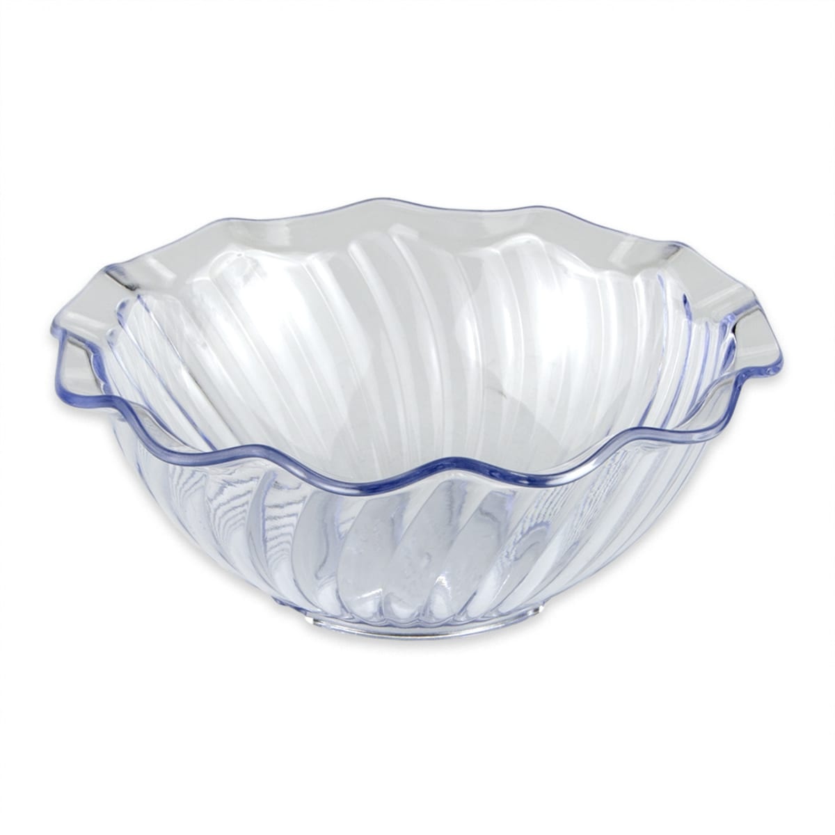 G.E.T. Enterprises DD-70-CL clear SAN dessert dish with scalloped rim, viewed from above at an angle