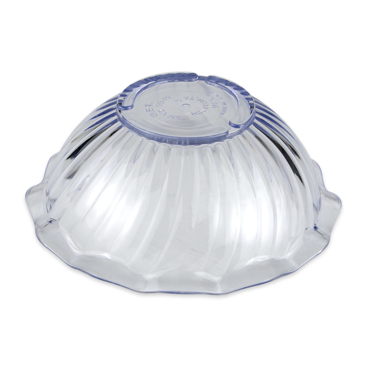 Bottom view of G.E.T. Enterprises DD-70-CL clear SAN dessert dish showing ribbed exterior and molded base