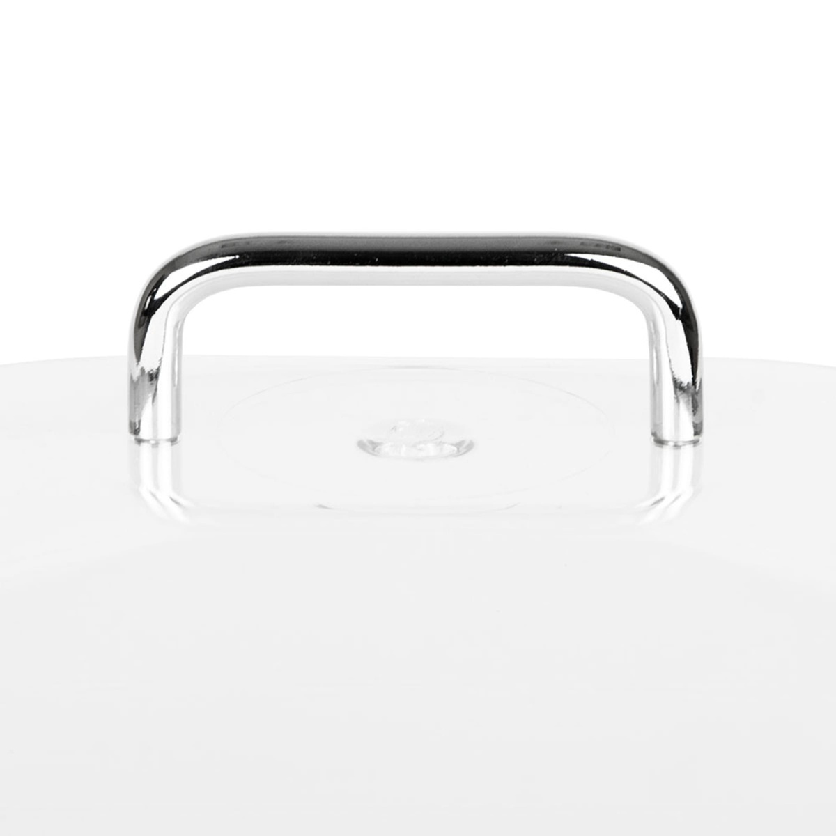 Close-up of the polished chrome handle on top of the Cambro DD1220BECW135 dome cover