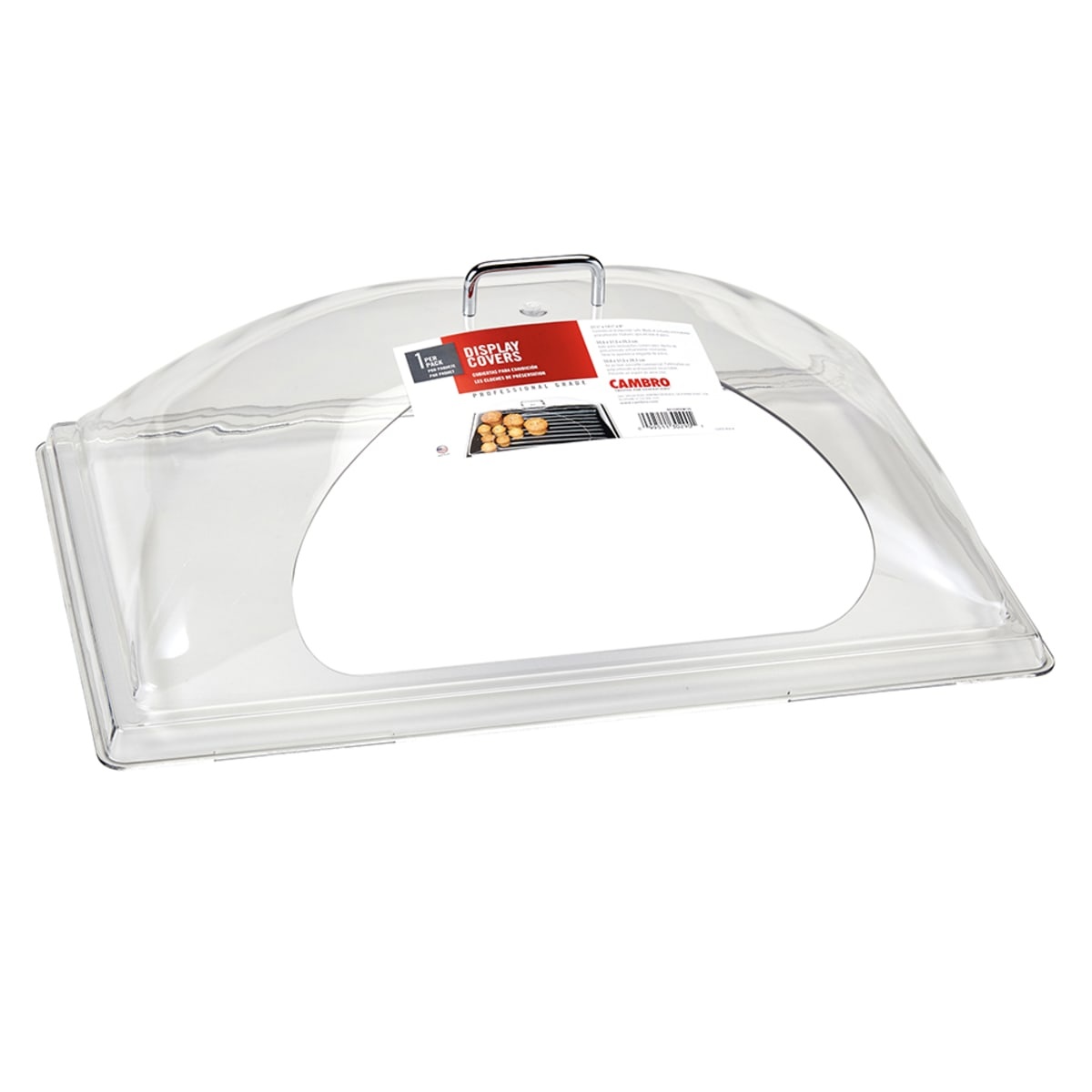 Cambro DD1220SCW135 clear polycarbonate display dome cover with chrome handle and open side cutout, product packaging visible