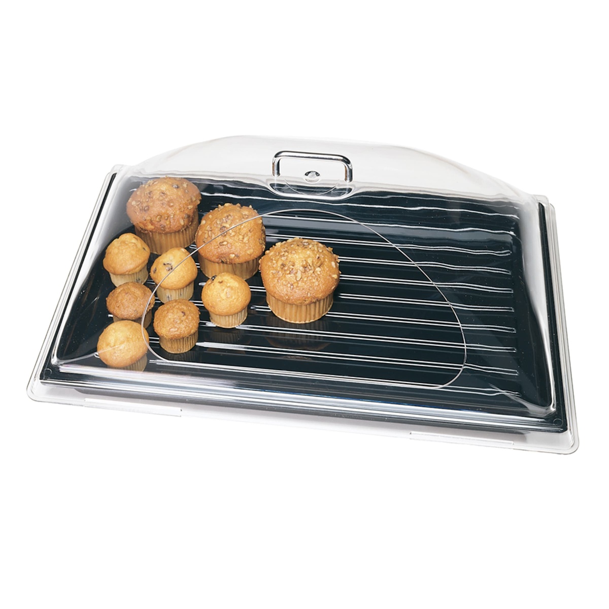 Cambro display dome cover seated on a black display tray holding an assortment of muffins, demonstrating its fit and clear visibility