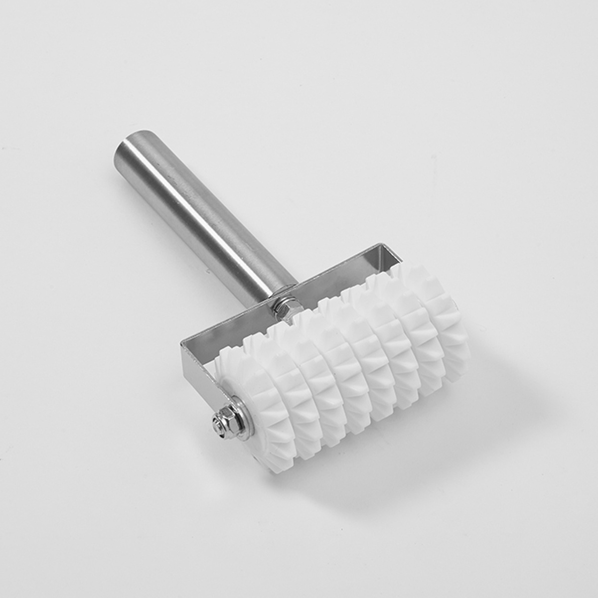 American Metalcraft DD5705 dough docker with white plastic wheels and aluminum handle on white background