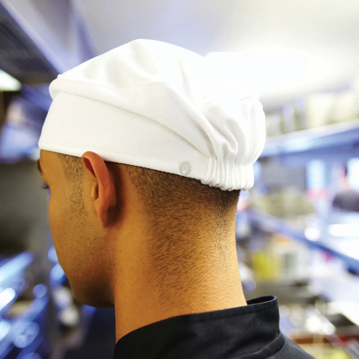 Chef Works DFAOWHT0 white cool vent beanie worn showing elastic back and sweat guard detail
